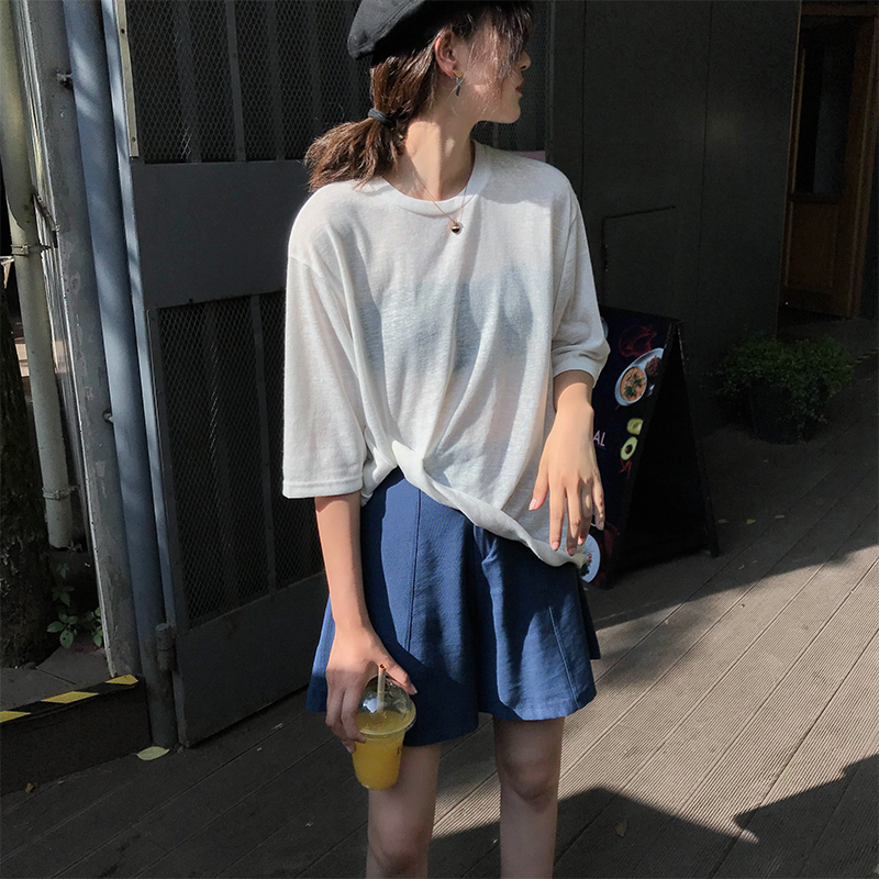 A7seven小心機設計白色T恤女夏季短袖圓領白色韓版薄款上衣體恤衫