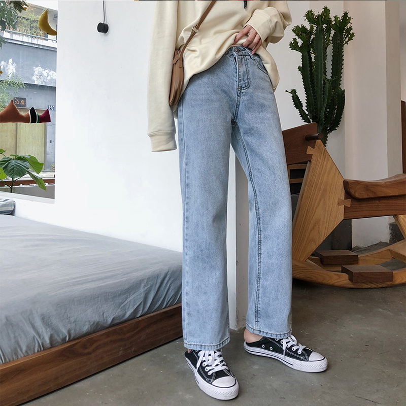 A7seven淺色牛仔褲女2019春裝新款韓版寬松顯瘦高腰學生闊腿長褲